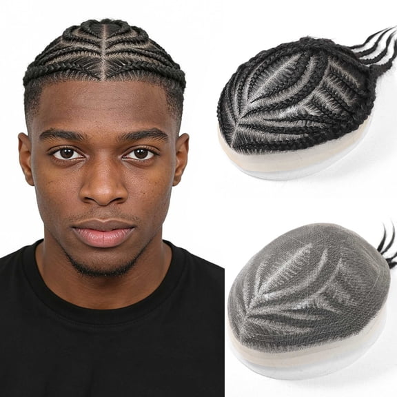 Cornrow Braids Toupee Hair for Men Human Hair Full Lace Hair Pieces Natural Black Male Braiding Mens Wigs Realistic Systems Box Braided Man Unit 8X10''