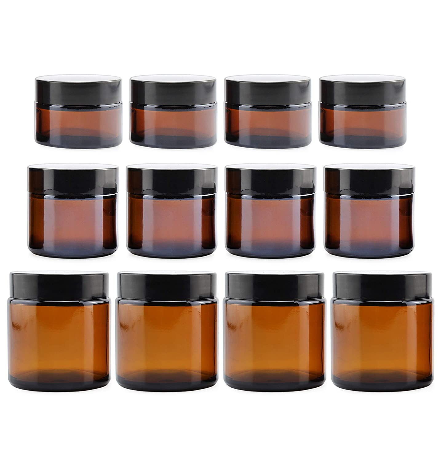 1 oz Amber Glass Straight Sided Jar with Black Smooth Lids (6 Pack)