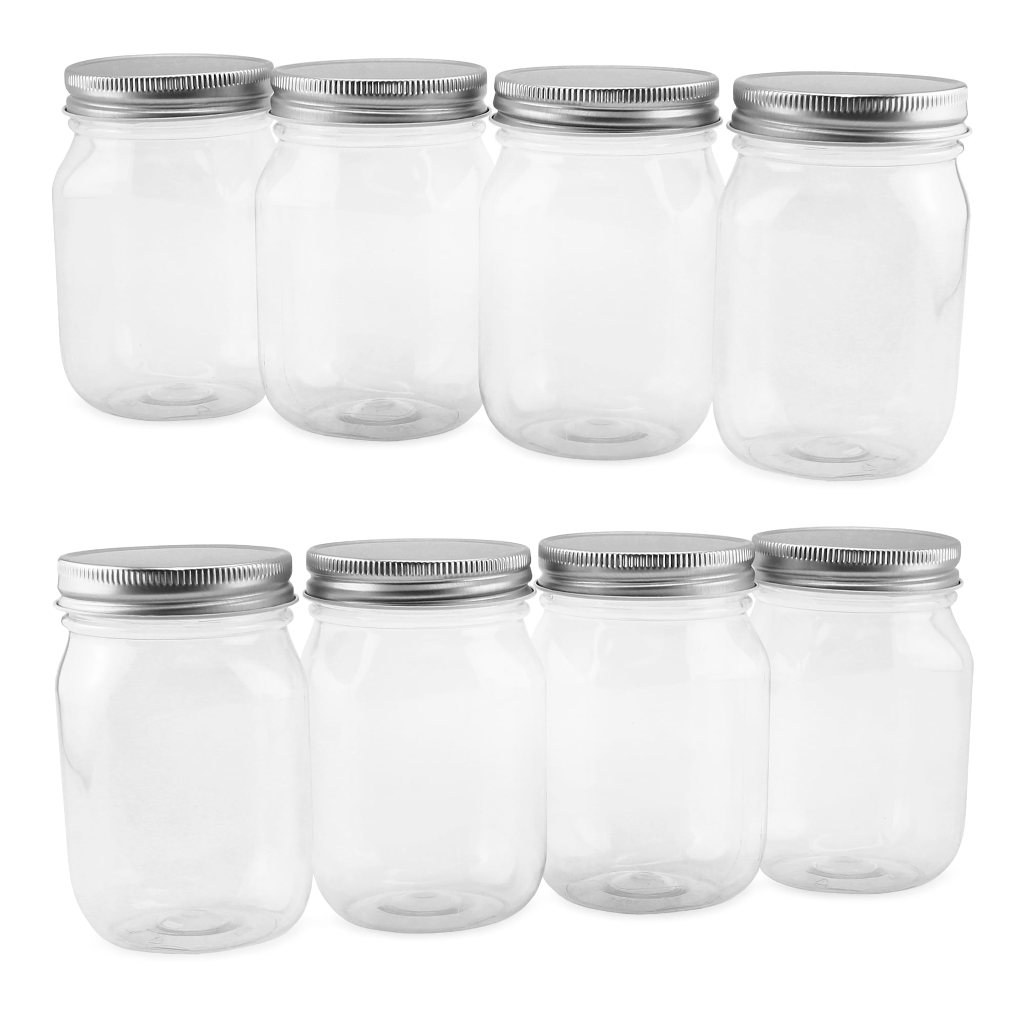 Cornucopia 16-Ounce Clear Plastic Mason Jars (8-Pack, Silver Metal Lids);  PET BPA-Free Mason Jars w/ One Piece Lids, 2-Cup/Pint Capacity