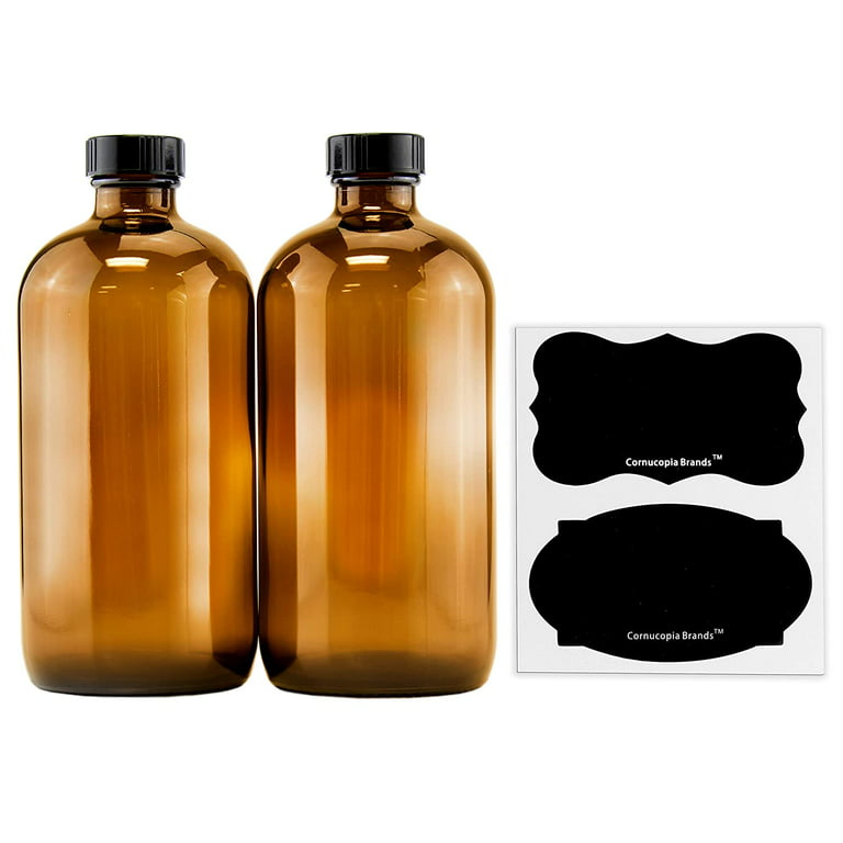 Cornucopia 16oz Amber Glass Bottles with Reusable Chalk Labels and Lids (2  Pack), Refillable Brown Boston Round Bottles, with Black 28-400 Caps