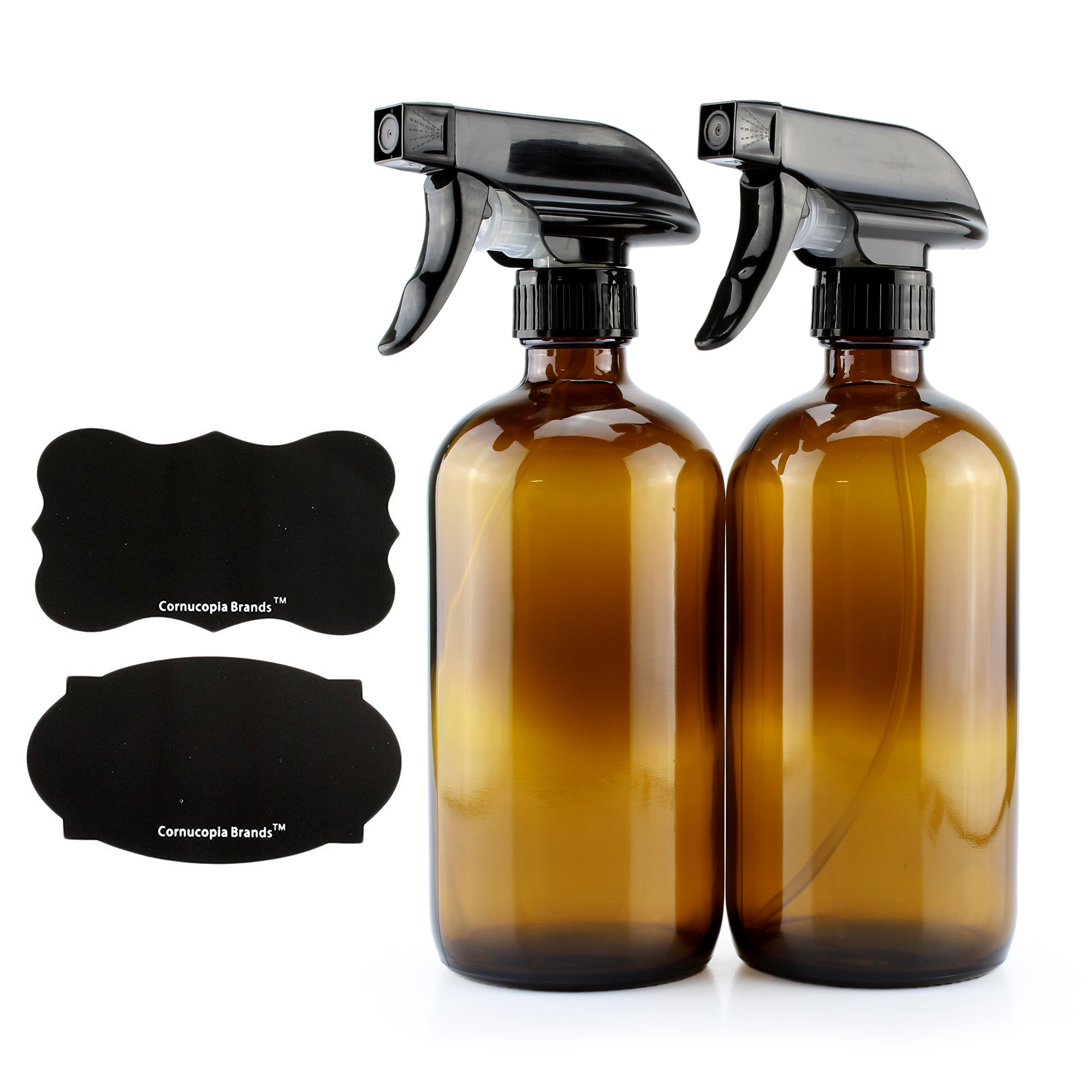 Cornucopia 16oz Amber Glass Spray Bottles w/Reusable Chalk Labels (2 Pack), Heavy Duty Mist & Stream 3-Setting Sprayer; Great for Essential Oils - image 1 of 9