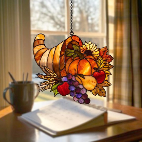 Cornucopia Acrylic Suncatcher - Faux Fall Harvest Window Hanging Decor