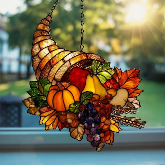 Cornucopia Acrylic Suncatcher - Faux Stained Glass Fall Harvest Window Hanging Decor