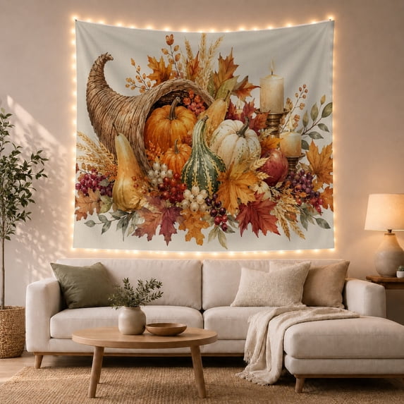 Cornucopia Among Pumpkins and Candles, Cozy Illustration for Food Lovers, Autumn Table Decor, Thanksgiving Hostess Gift, Tapestry Wall Hanging for Dining Room and Kitchen