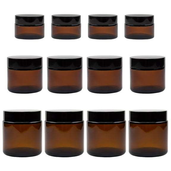 Cornucopia Brands 1, 2 & 4-Ounce Amber Glass Straight Sided Jars (Combo Pack, 4 Each / 12 Total); Great Containers for Cosmetics, Lotions, Body Scrubs & Balms