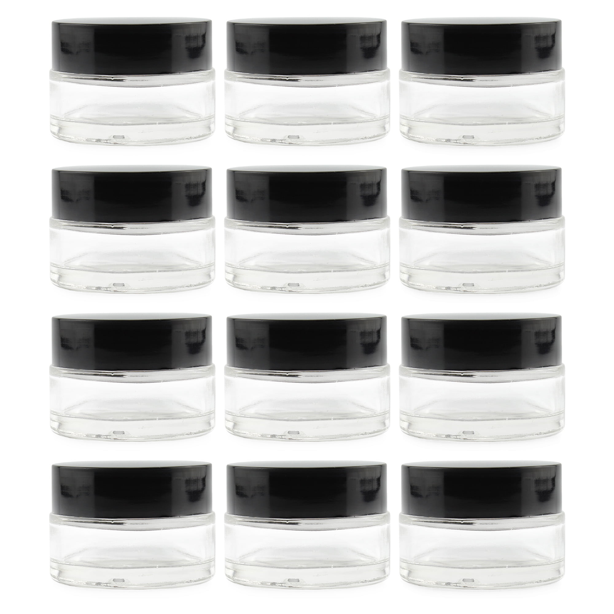 Cornucopia Brands 15-Milliliter Clear Glass Balm Jars (12-Pack); 1/2 oz Cosmetic Jars w/ Lined Black Plastic Lids