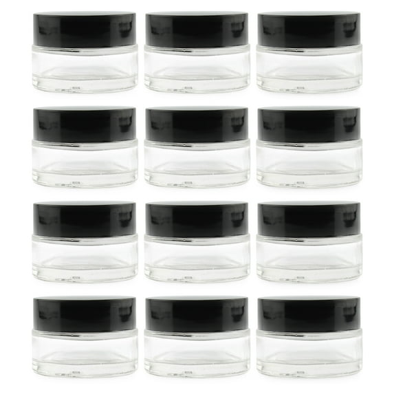 Cornucopia Brands 15-Milliliter Clear Glass Balm Jars (12-Pack); 1/2 oz Cosmetic Jars w/ Lined Black Plastic Lids