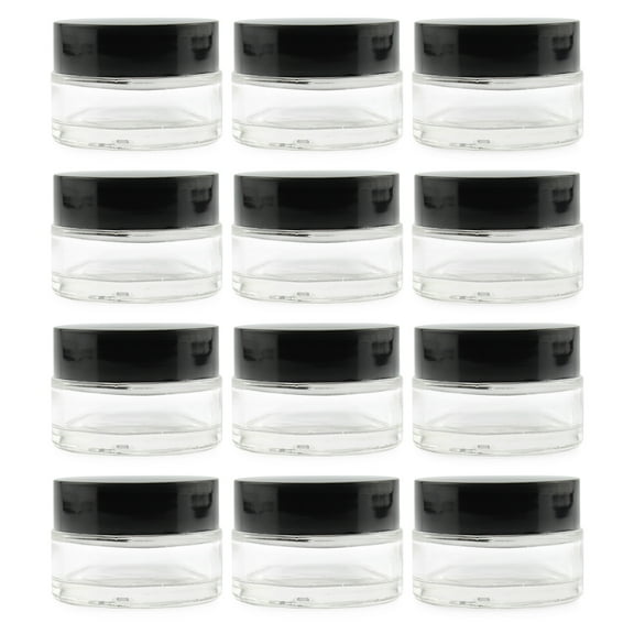 Cornucopia Brands 15-Milliliter Clear Glass Balm Jars (12-Pack); 1/2 oz Cosmetic Jars w/ Lined Black Plastic Lids