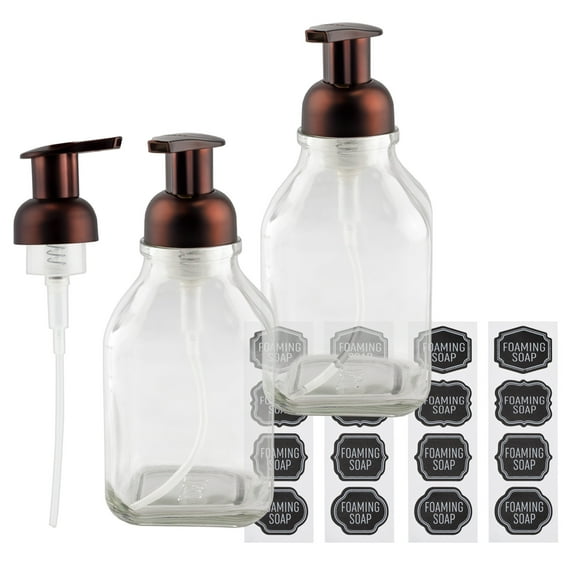 Cornucopia Brands 16-Ounce Square Glass Foaming Soap Dispensers (2-Pack, Clear Bottle w/Bronze Color Pump)