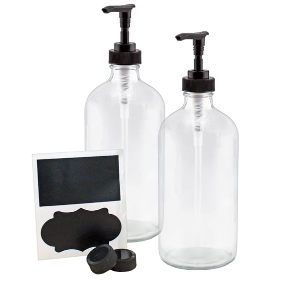 Cornucopia Brands 16-Oz Clear Glass Pump Bottles (2-Pack); Refillable Soap Dispenser Black Lotion Pump Transparent Boston Round Bottles + Chalk Labels & Lids