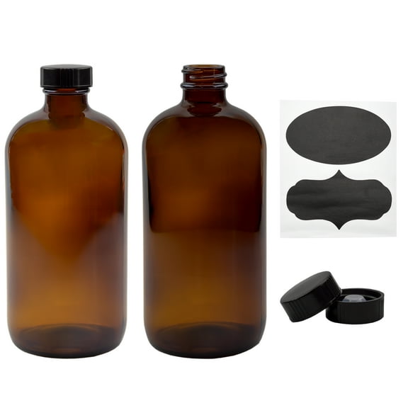 Cornucopia Brands 16oz Amber Glass Bottles w/ Reusable Chalk Labels and Lids (2 Pack), Refillable Brown Boston Round Bottles, w/ Black 28-400 Caps