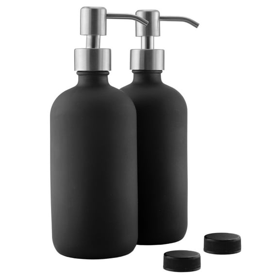 Cornucopia Brands 16oz Black Glass Bottles w/ Stainless Steel Pumps (2-Pack); Black Coated Boston Round; Lotion, Hand Care & Soap Dispensers