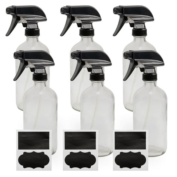 Cornucopia Brands 16oz Clear Glass Spray Bottles (6-Pack); 3-Setting Sprayer Tops and Chalk Labels
