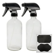 Cornucopia Brands 16oz Clear Glass Spray Bottles w/Chalk Labels (2 Pack); Boston Round Bottles w/ 3-Setting Adjustable Heavy Duty Sprayers