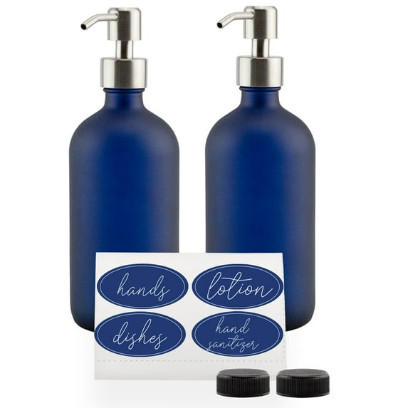 Cornucopia Brands 16oz Glass Pump Bottles (Set of 2, Blue w/ Silver); Soap Dispenser Pump Bottles w/ Brushed Metal Pump Tops