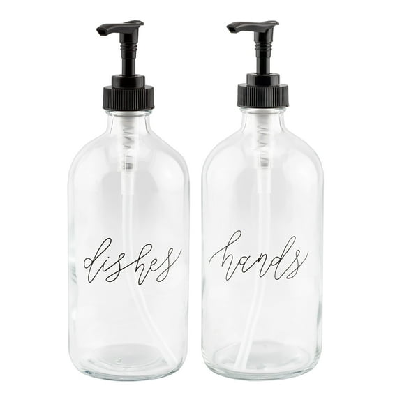 Cornucopia Brands 16oz Hands Dishes Pump Bottles (Clear, Set of 2); Pump Dispensers for Kitchen and Home