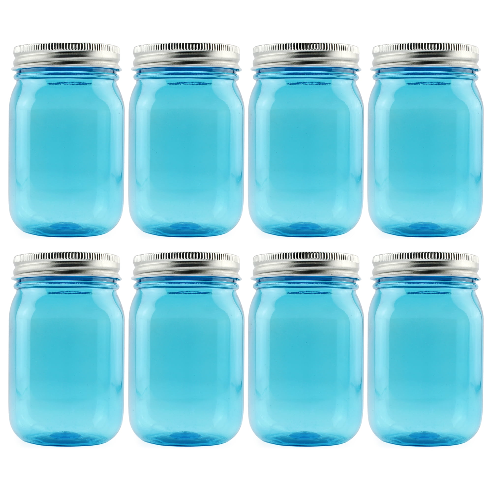Retro Blue Plastic Mason Jars with Silver Lids, 16oz Set of 8