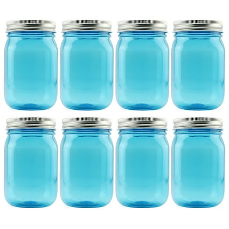 Cornucopia Brands 16oz PLASTIC Mason Jars (8-Pack, Blue w/ Silver Metal Lids); PET BPA-Free Mason Jars w/ One Piece Lids, 2-Cup/Pint Capacity