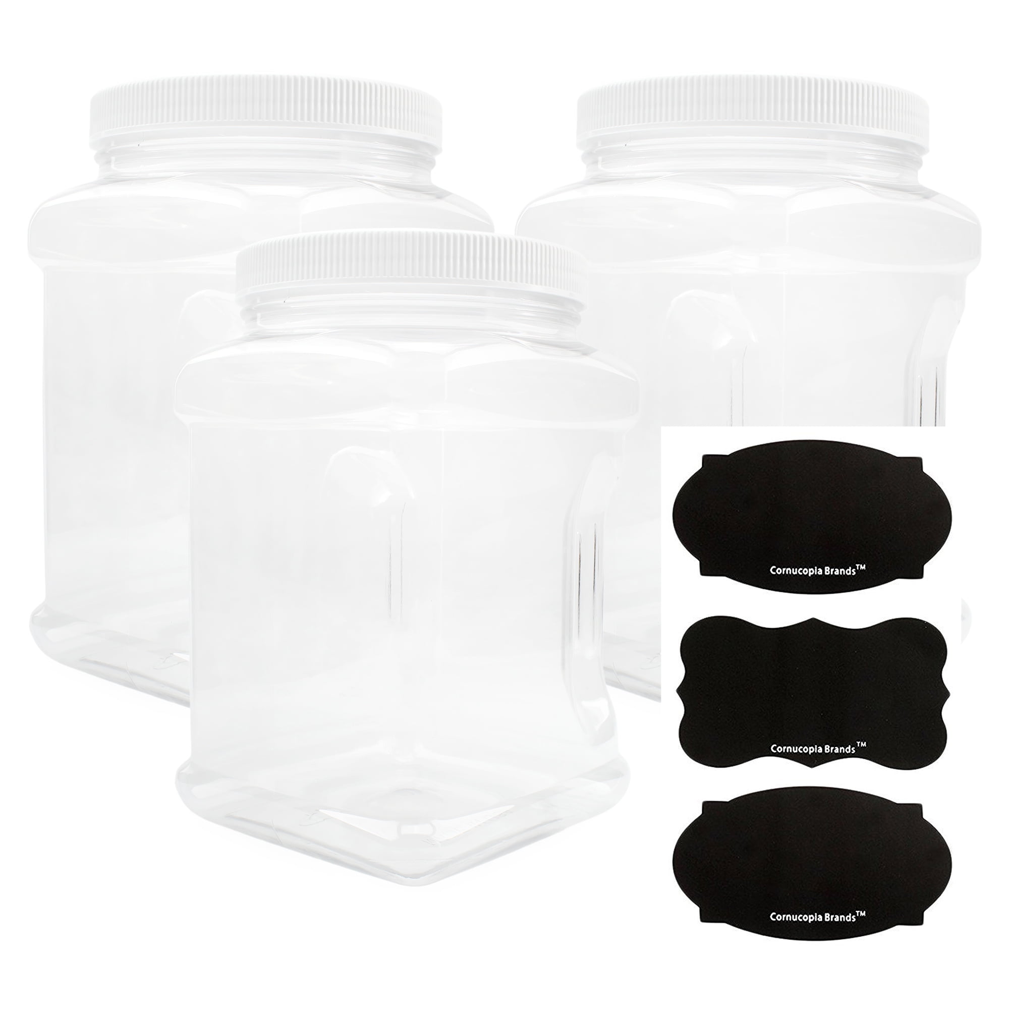 Cornucopia Brands 3-Pack Square 64oz 1/2 Gallon Plastic Canisters; 8-Cup  Capacity Clear Jars w/ Lids & Chalk Labels, BPA-Free Lightweight PET #1 ...
