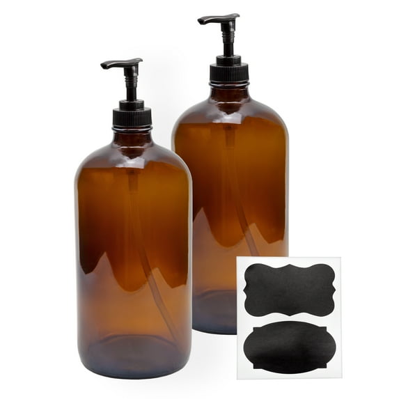 Cornucopia Brands 32-Ounce Amber Glass Lotion Pump Bottles (2-Pack); Quart Size Brown Bottles w/Black Plastic Locking Pump Dispensers; Includes Chalk Labels