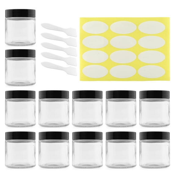 Cornucopia Brands 4-Ounce Clear Glass Jars (12-Pack); Straight-Sided Containers for Cosmetics and Food Storage w/ Spatulas and Labels