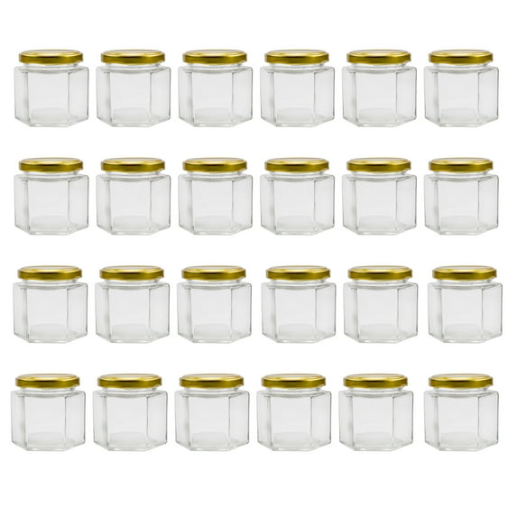 Cornucopia Brands 4-Ounce Hexagon Jars (24-Pack); Clear Glass Bottles for Spices, Party Favors, Jams Etc