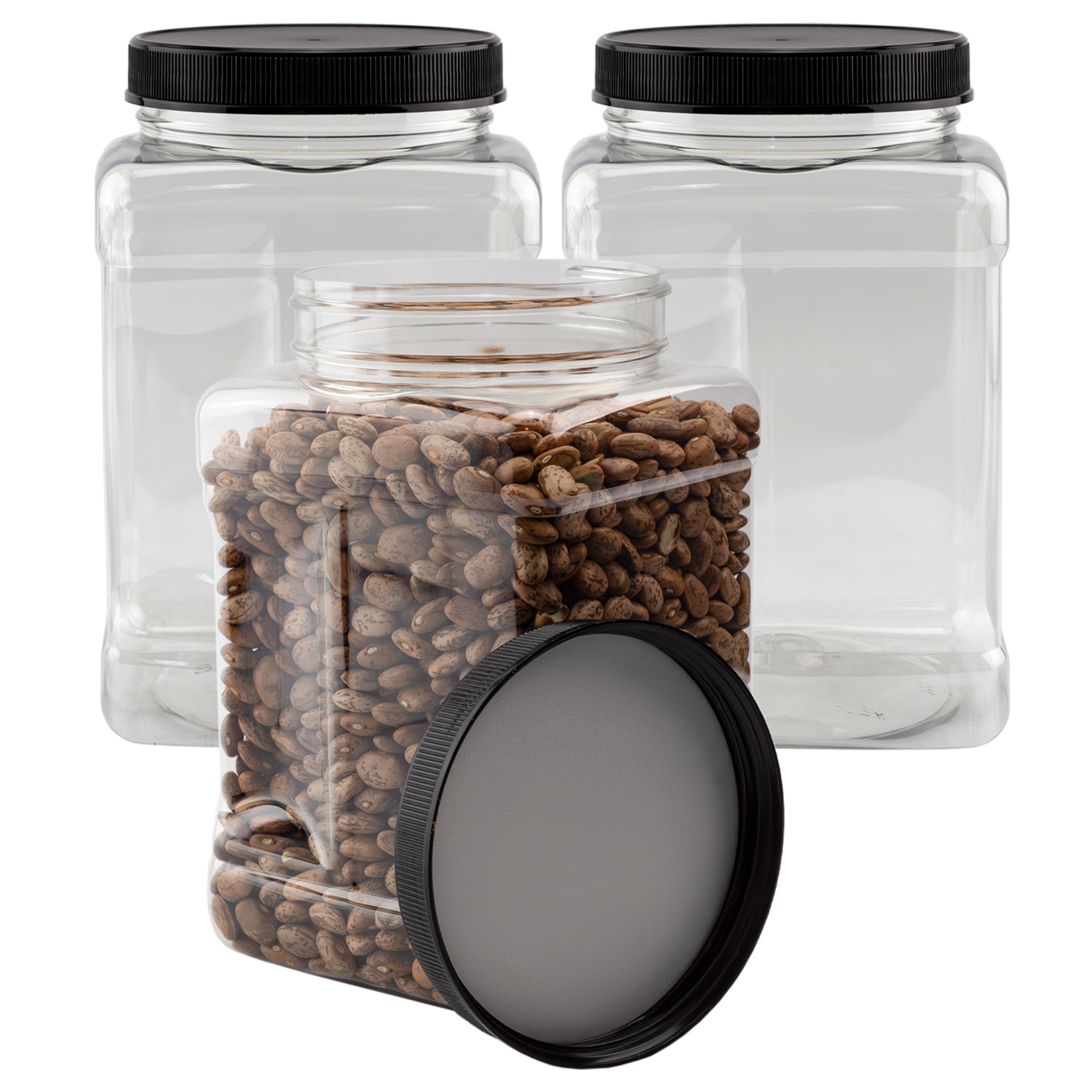 48oz Clear BPA-Free Plastic Square Jars with Black Clip-On Lids, Set of 3