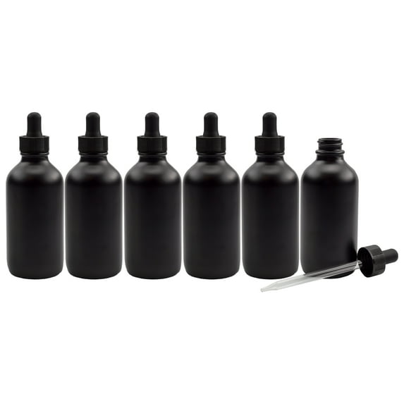 Cornucopia Brands 4oz Black Glass Dropper Bottles (6-Pack), Refillable Glass Eye Dropper Containers for Essential Oils, Cosmetics, and Cooking