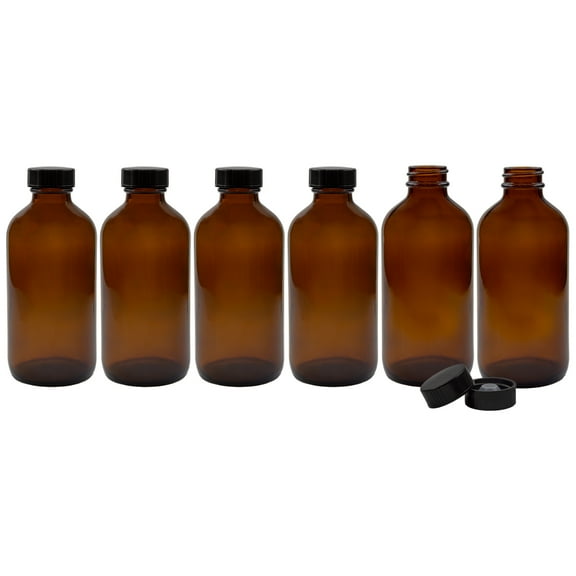 Cornucopia Brands 8-Ounce Amber Glass Bottles (6-Pack); Boston Round Bottles w/Polycone Phenolic Caps