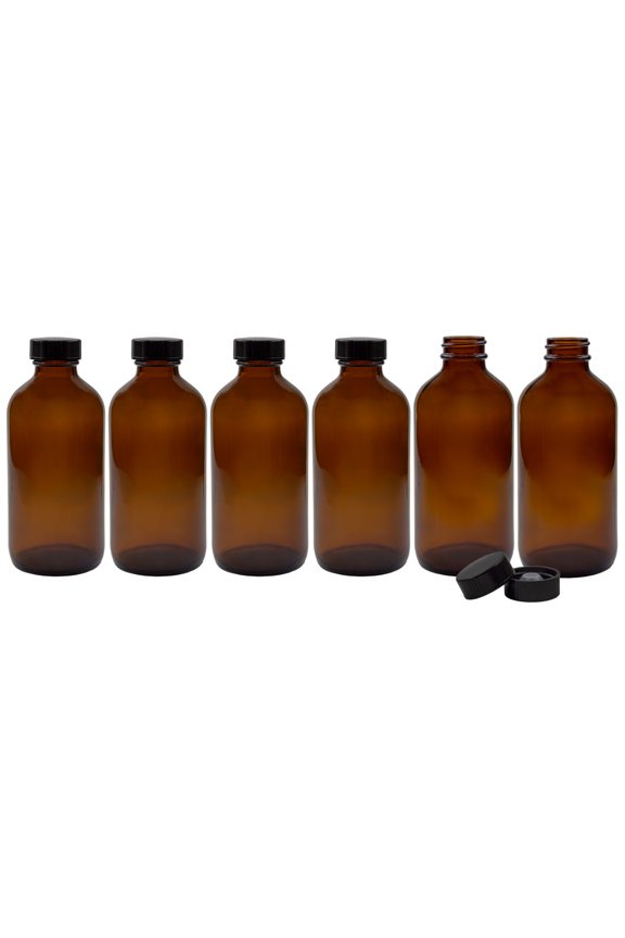 8-Ounce Amber Glass Bottles (6-Pack); Boston Round Bottles w/Polycone Phenolic Caps