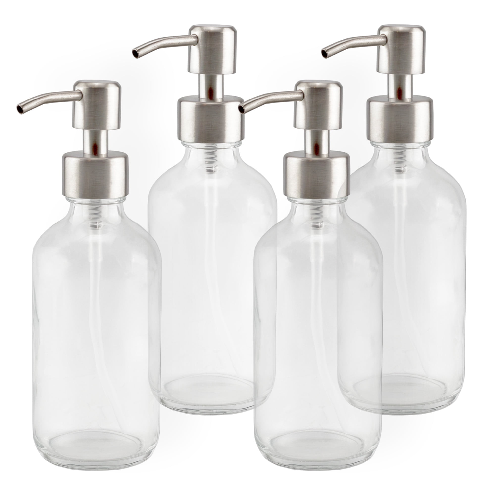 Cornucopia Brands 8oz Clear Glass Bottles w/ Stainless Steel Lotion Pumps (4-Pack); Liquid Soap & Lotion Pump Dispensers