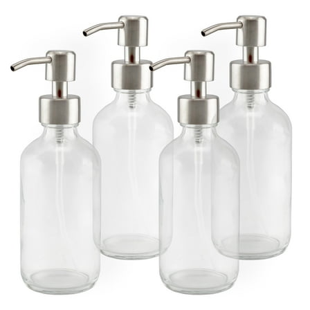 Cornucopia Brands 8oz Clear Glass Bottles w/ Stainless Steel Lotion Pumps (4-Pack); Liquid Soap & Lotion Pump Dispensers