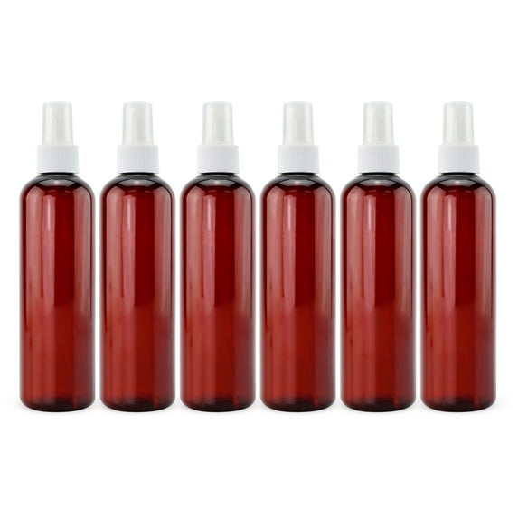 Cornucopia Brands 8oz Amber Brown PLASTIC Spray Bottles w/ White Fine Mist Atomizers (6-Pack); Brown Plastic Spritzer Bottles