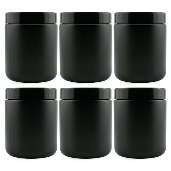 Cornucopia Brands 8oz Black Coated Glass Jars (6-Pack); Cosmetic Jars w/ Black Plastic Lids and Black Matte Exterior, 8-Ounce / 9-ounce Capacity