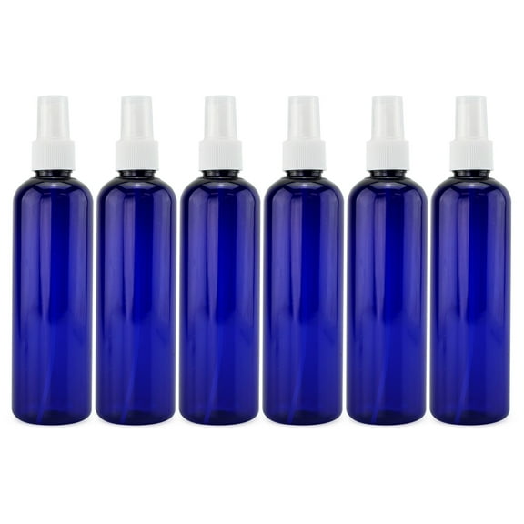 Cornucopia Brands 8oz Blue PLASTIC Spray Bottles w/ White Fine Mist Atomizers (6-Pack); for DIY Home Cleaning, Aromatherapy, Beauty Care