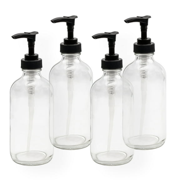 Cornucopia Brands 8oz Clear Glass Pump Bottles (4-Pack w/Black Plastic Pumps), Great as Essential Oil Bottles, Lotion Bottles, Soap Dispensers, and More