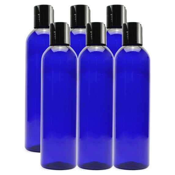 Cornucopia Brands 8oz Plastic Squeeze Bottles w/ Disc Top Flip Cap (6-Pack, Blue); BPA-Free Containers For Shampoo, Lotions, Liquid Body Soap, Creams