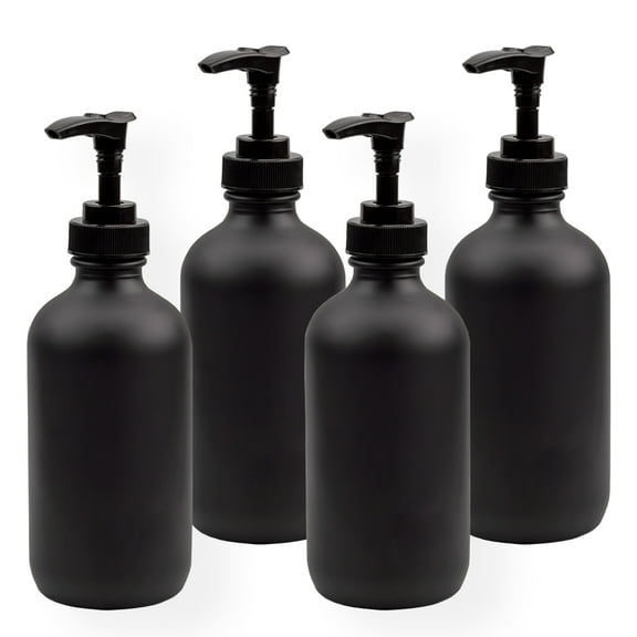 Cornucopia Brands Black Coated 8-Ounce Glass Pump Bottles (4-Pack), Great for Lotions, Liquid Soap, Aromatherapy and More