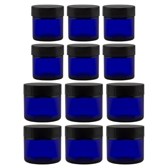Cornucopia Brands Combination 12 Pack of Cobalt Blue 1oz & 2oz Glass Cosmetic Jars, Lids Included; Refillable Containers for Creams, Lotions