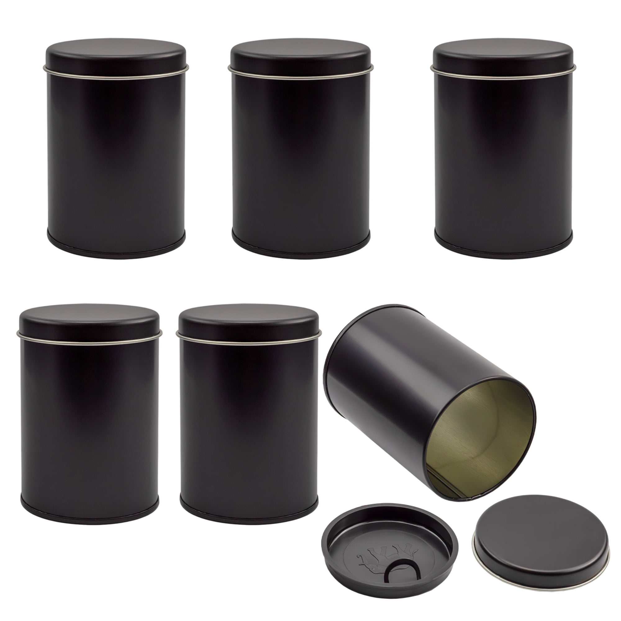 Black Metal Round Tea Canisters with Airtight Double Lids, 6-Pack