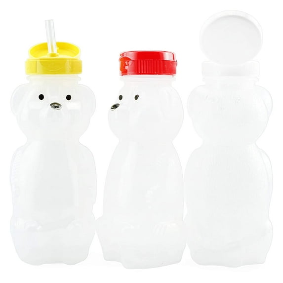Cornucopia Brands Honey Bear Straw Cups (3-Pack, Colored Lids), 8-Ounce Therapy Sippy Bottles w/Flexible Straws and Colored Lids