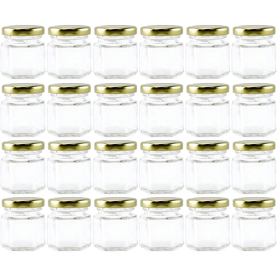 Cornucopia Brands Mini Hexagon Glass Jars (1.5oz, 48-Pack); Tiny Hex Jars w/ Gold Lids for Spices, Gifts, Party Favors, DIY and More, 3-Tablespoon Capacity