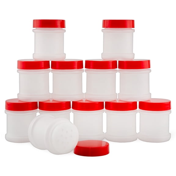 Cornucopia Brands Mini Plastic Spice Jars w/Sifters (12-Pack, Red); 2 Tablespoon Capacity (1 Fluid Ounce) Spice Bottles for Travel, Glitter, Gifts, Favors, Etc.
