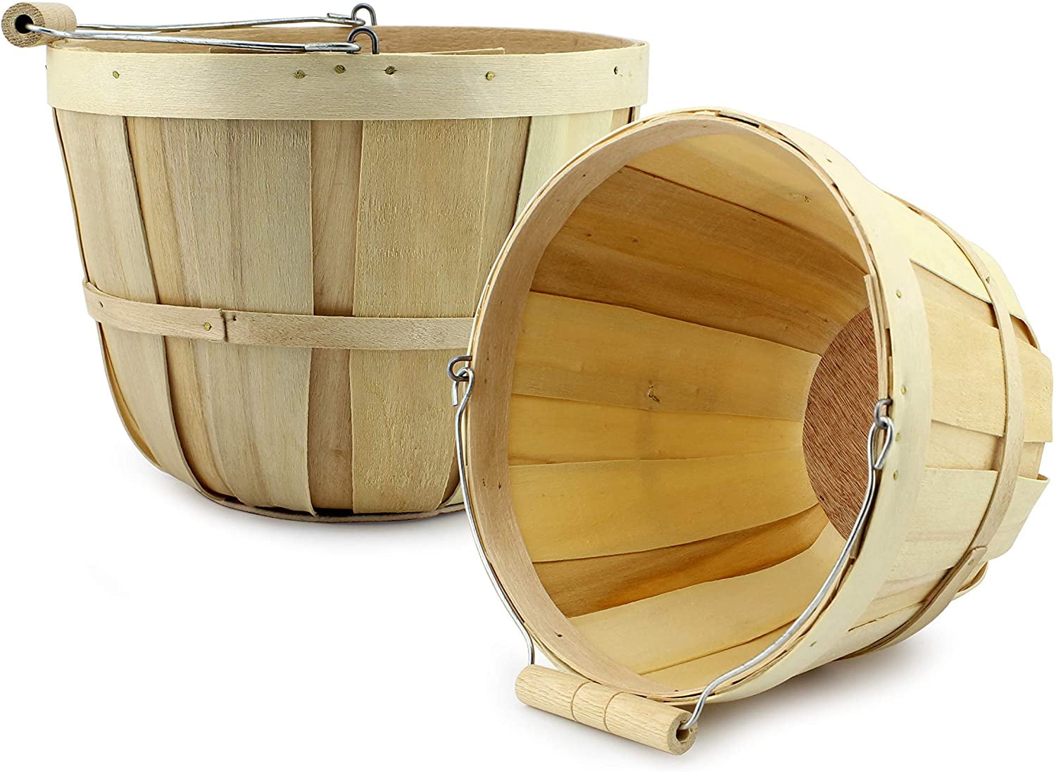 Natural Round Wooden Fruit Buckets with Handle, 4-Quart Set of 2
