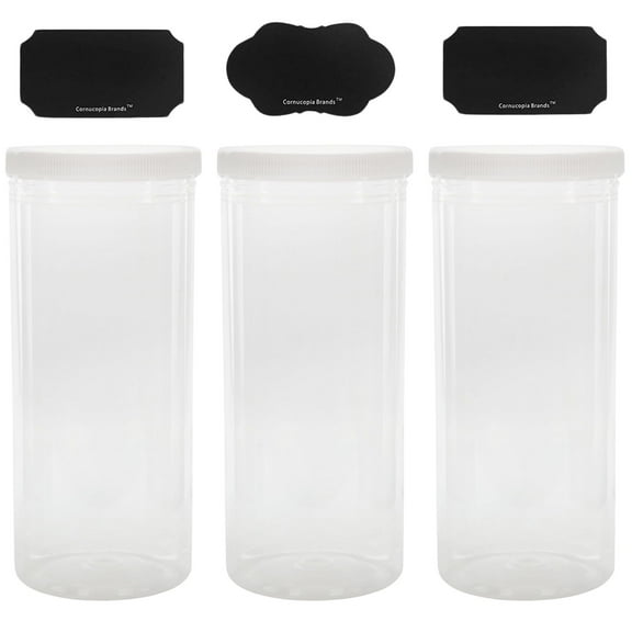 Cornucopia Brands Tall Clear Plastic Canisters w Lids and Labels ( 3-Pack, 2.5QT, 10-Cup); 10in High BPA-Free PET Jars for Food & Home Storage (80 Fluid Oz Capacity)