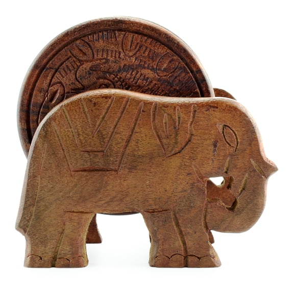 Cornucopia Elephant Design Wooden Coasters With Holder - Set of 6, Handcrafted in India, Great Gifts For Any Occasion