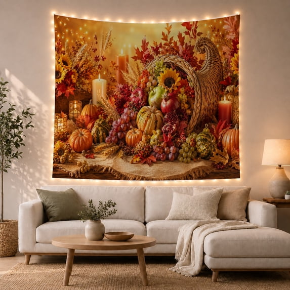 Cornucopia with Gourds, Grapes and Candles, Cozy Digital Art for Nature Lovers, Harvest Home Decor, Thanksgiving Hostess Gift, Tapestry Wall Hanging for Dining Room and Den