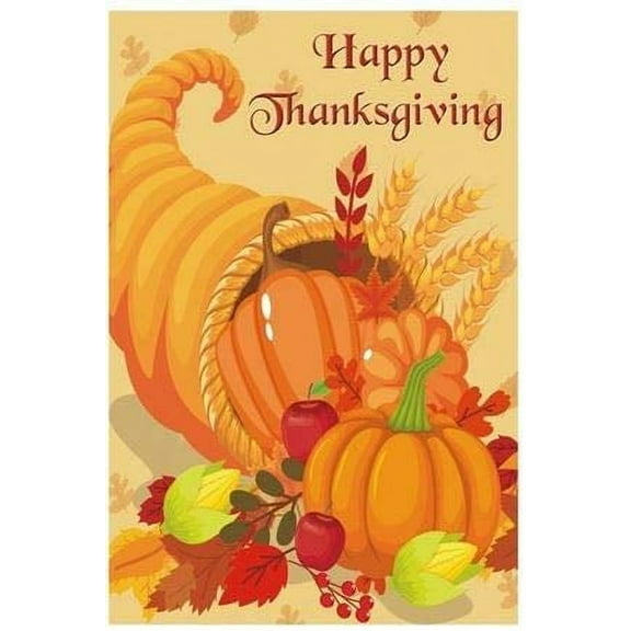 Cornucopia Happy Thanksgiving Garden Flag - 12" x 18", Double Sided, Front Door, Wreath, Home, Fall, Autumn, Greeting, School Classroom, Pumpkin Patch, Fundraiser