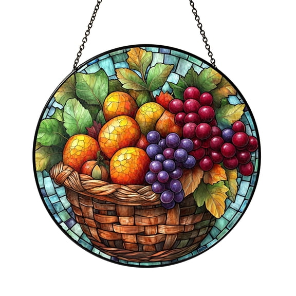 Cornucopia Harvest Round Suncatcher, Stained Glass Style Fall Basket Window Panel, Seasonal Nature Home Decor Gift