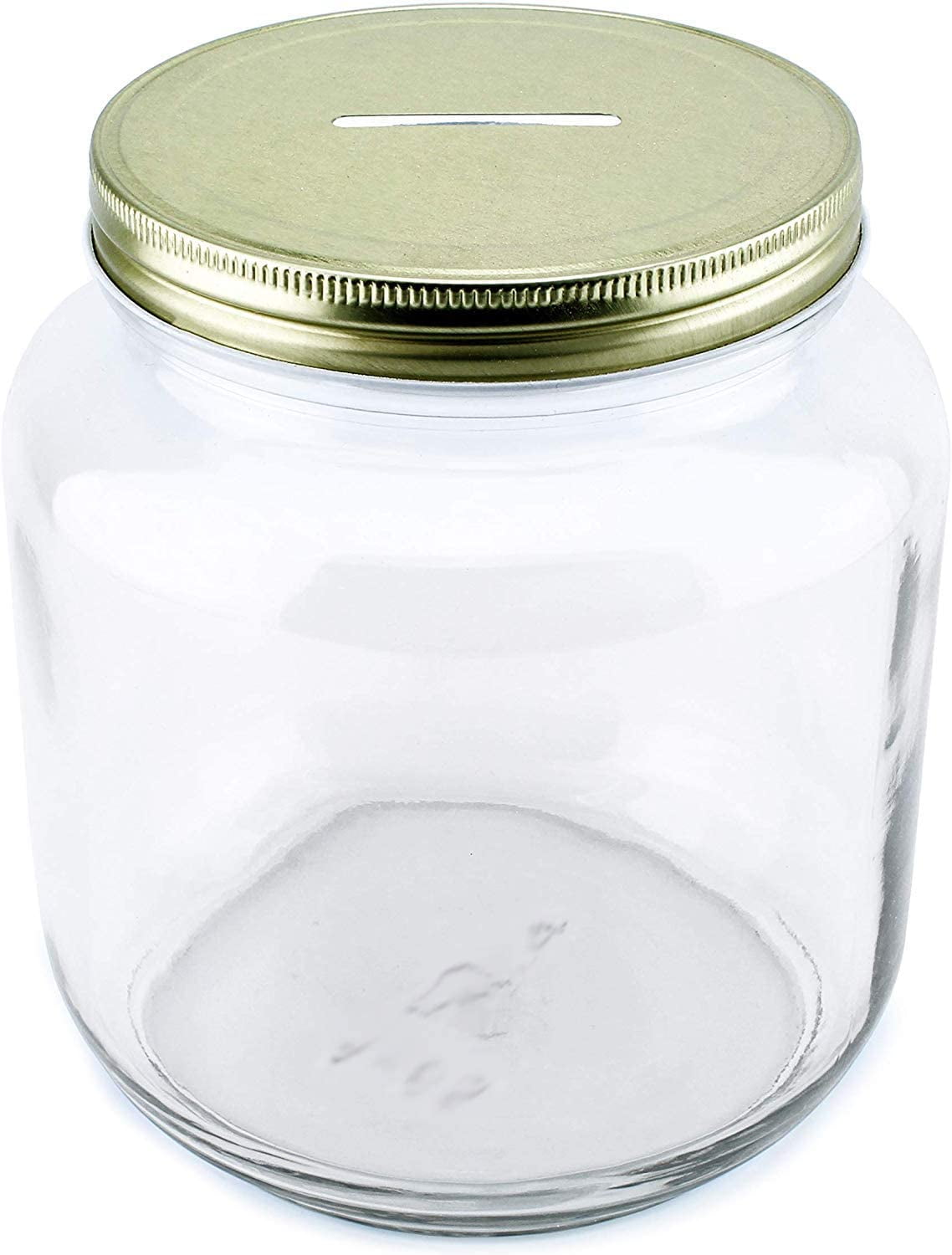 Cornucopia Large Coin Bank JAR; Half Gallon Clear Glass Piggy Bank with Gold Slotted Lid